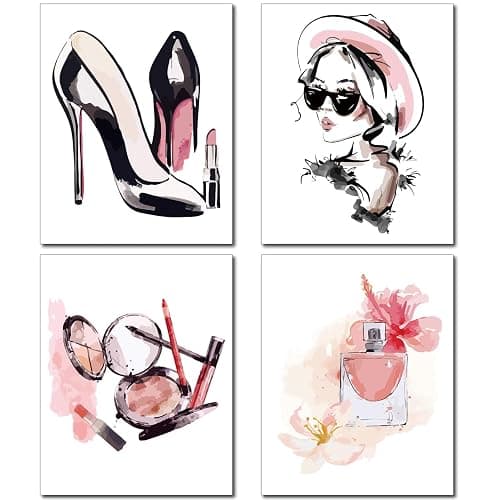 CREATCABIN 4 Toile Rose-Impression sur Toile-Peinture Murale-Talons Hauts-Mode Femme-Maquillage-Parfum-Poster-Décoration Murale Rectangulaire-Huile en Fibre pour la Maison-25x20cm-Sans Cadre - Image 1