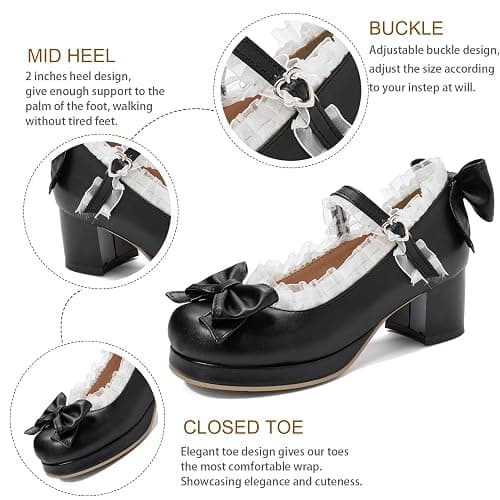 LUXMAX Women Kawaii Mid Block Heel Mary Jane Rockabilly Pumps with Bow Platform Chunky Heel Cute Sweet Shoes thumbnail 4