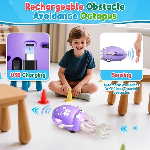 Dancing Octopus Baby Toy, Electric Crawling Octopus Tummy Time Toy, Rechargeable Magic Dancing Music Squid for 3 4 5 6 Year Old Kids Boy Girl Birthday Gifts, Funny Squid for Office Desk Decor (Purple) - Purple thumbnail 5