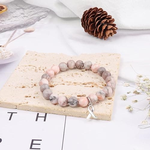 ZLLOO Natural Stone Bracelet for Women Pink Ribbon Awareness Handmade Beaded Encouragement Gift with Message Card thumbnail 4