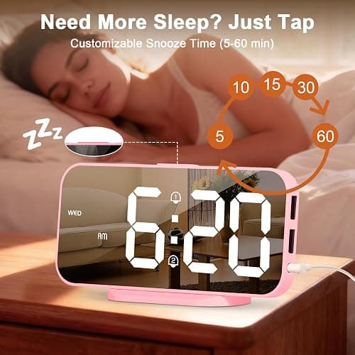 ALANAS Pink Mirror Digital Alarm Clock for Girls & Teens, Dual Alarms, Snooze, Adjustable Brightness, 2 USB Ports, Weekday Display, Cute Bedside Clock for Kids, Bedroom, Desk, Dorm, Gift Idea thumbnail 5