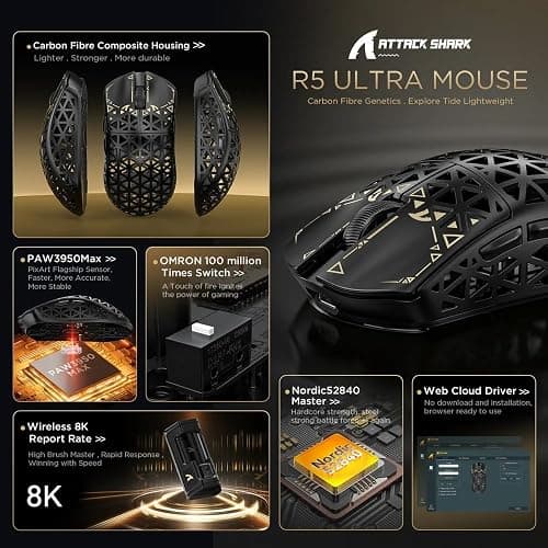 ATTACK SHARK R5Ultra 8K Carbon Fiber Wireless Gaming Mouse with 42000 DPI -PAW3950 MAX Sensor -39g Ultra-Lightweight-Nordic 52840 MCU Chip-Wired/BT/2.4GHz Wirelss Programmable Mouse for PC/Mac (Black) thumbnail 4