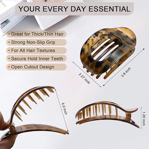 Flat Hair Clips for Women,6 Pack Ergonomic Curved Hair Claw Clips for Thick Thin Curly Hair,Strong Hold No Slip French Large Hair Claw Clips for All Hair Textures,Comfortable All-Day Wear,Leopard thumbnail 4