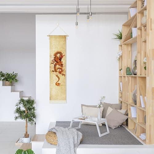 DigiTizerArt Hanging Canvas Wall Art Poster Tapestry - Chinese Soaring Golden Dragon Totem, Traditional Asian Design, HD Printed Wall Decor for dorm bedroom (13x53 Inches) thumbnail 5