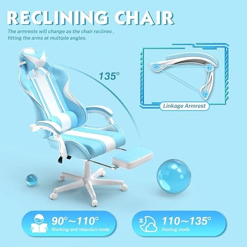 Ferghana Kawaii Light Blue Gaming Chair with Bunny Ears, Ergonomic Cute Gamer Chair with Footrest and Massage, Racing Reclining Leather Computer Game Chair 250lbs for Girls Adults Teens Kids thumbnail 7