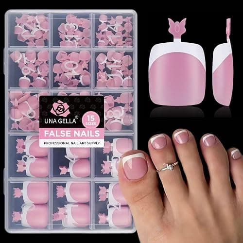 UNA GELLA French Press On Toenails - 15 Sizes Pre-Etched Berry Pink French Toe Nail Press Ons Soft Square Gel False Toenails Fake Toe Nails 180Pcs for Women Big Toes Nail Extensions Pedicure Home DIY - Image 1