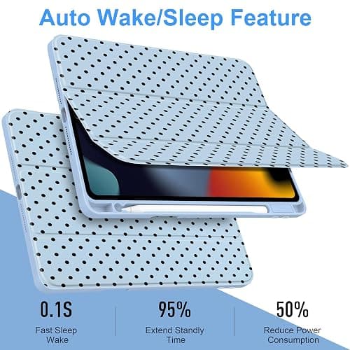 Yebiseven for iPad 9th 8th 7th Generation 10.2 Inch 2021 2020 2019 Case -[Built-in Pencil Holder], Shockproof Clear Hard Back, Slim Trifold Stand, Auto Wake/Sleep, for Girls teen Women, Blue polka dot thumbnail 7