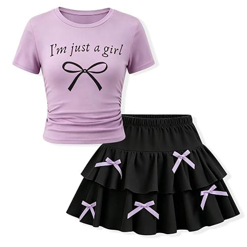 FJLSJSW Teenage Girls Skirt Set 2 Piece Short Sleeve Top Shirred Tiered Skirt Outfit Skirt for Teen Girls 7-13 Years - Image 1