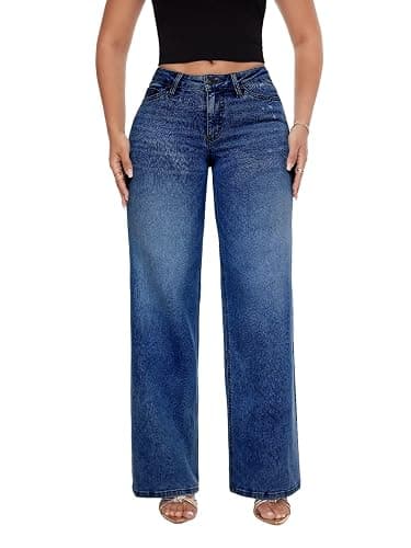 ONESO Mid-Low Rise Baggy Jeans Wide Leg for Women Distressed Pants Stretchy Bottom Lady Basic Comfortable Denim - Image 1