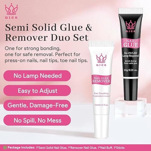 QIEK No-Lamp Nail Glue & Remover Set for Press Ons, 10ml Quick Dry 28 Days Super Strong Hold Glue on Nails, 10g Gentle Easy Removal with Tools Set for Beginner DIY Home, Not for Gel Polish Base Coat thumbnail 2