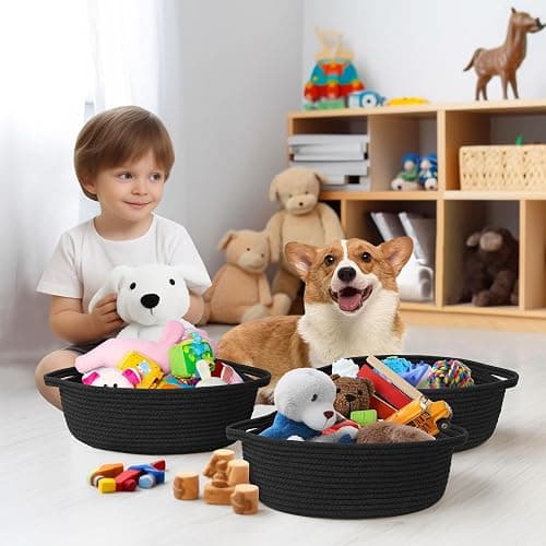 WILLITAT Small Basket for Gifts Empty, Woven Cotton Rope Gift Basket, Cute Kids Dog Cat Toy Bin Box, Baby Nursery Organizer, Decorative Storage Bin for Shelves, Easter, Home Decor, 13"x9"x5", Black thumbnail 4