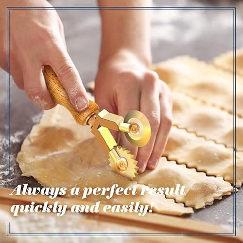 La Gondola Homemade Pasta Cutter - Double Wheel (Festooned & Smooth) | Pasta Making Tool for Home and Business | Brass & Natural Wood | Easy to Use Pasta Cutting Tool | Ravioli Cutter Made in Italy thumbnail 7