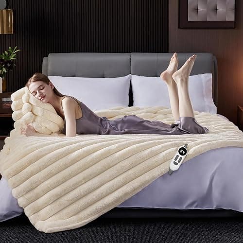HaloRest Heated Throw Blanket, Faux Fur Cozy Electric Blanket 50''*60'' | Heating Blanket with Overheat Protection, 1/2/3/4 Hours Auto-Off 6 Heat Levels, Machine Washable(Cream White) thumbnail 2