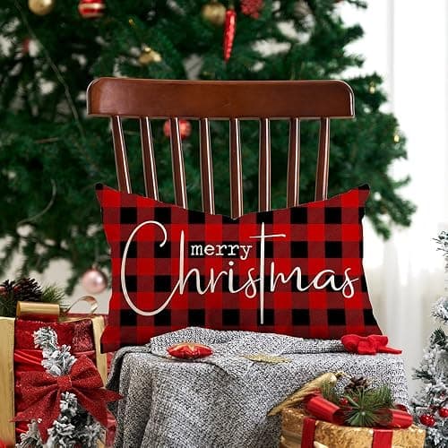 Allorry Christmas Pillow Covers Merry Christmas Throw Pillow Decorative Christmas Red and Black Cotton Cloth Linen Cloth Pillow Cover Sofa Cover Decorative Rectangle Length 12X20 thumbnail 5