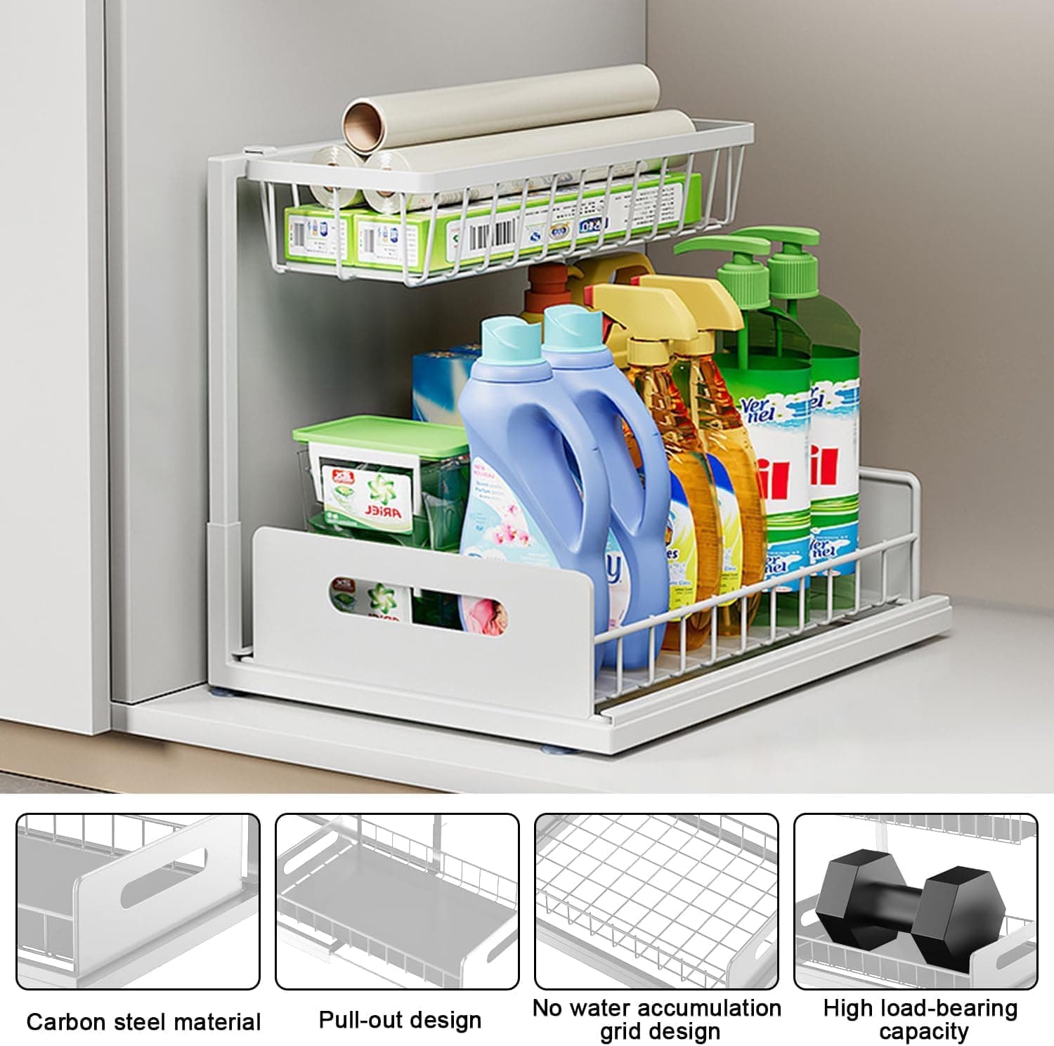 Under Sink Organizer, 2 Tier Slide Out Cabinet Storage Shelves, Multi-Purpose Metal Oragnizer for Home,Kitchen,Bathroom (White) thumbnail 3