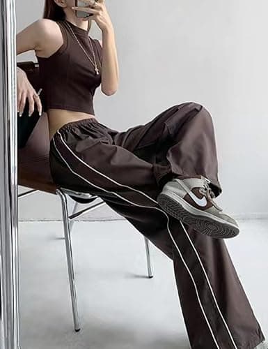 Shebote Womens Parachute Pants Wide Leg Baggy Pants Y2K Elastic Waist Jogger Sweatpants Track Pants Streetwear thumbnail 5