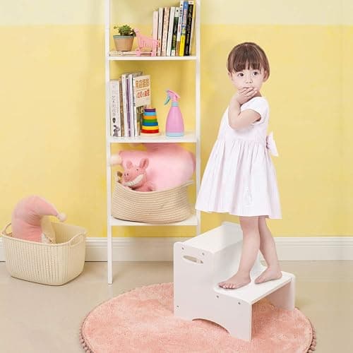 WOOD CITY Toddler Step Stool, Wooden 2 Step Stools for Bathroom Sink Potty Training Kitchen Dual Height Stool Helper for Kids Bonus Non-Slip Pads and Handles for Safety (White) thumbnail 4