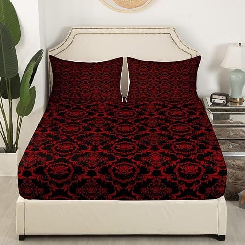 Feelyou Adults Gothic Sheet Set Queen Size Vintage Rose Boho Sheets with Deep Pocket Fitted Sheet Black Red Damask Bed Sheets Set Luxury Farmhouse Bedding Set Room Decorations Bed Set thumbnail 4