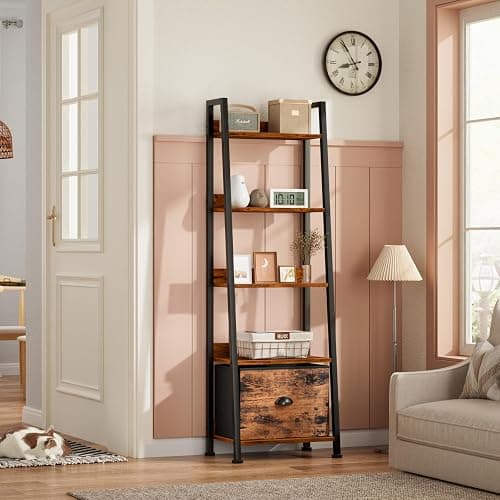 Furologee 5-Tier Ladder Shelf, Ladder Bookshelf with Removable Drawer, Rustic Bookcase Storage Rack Organizer, Wood Metal Freestanding Storage Shelf for Living Room, Home Office, Bedroom, Balcony thumbnail 2