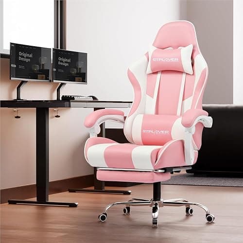 GTPLAYER Silla Gaming con Masajeador Ergonómica Silla Gamer con Reposapiés Reposacabeza, Silla de Oficina Ergonómica, Soporte Lumbar, Silla Juego Ajustable en Altura, Rosa thumbnail 2