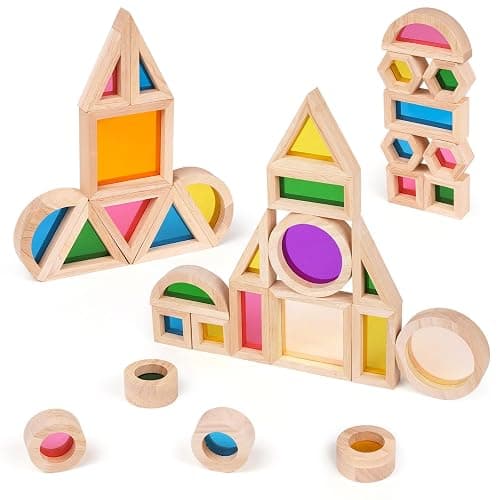 Agirlgle Wooden Rainbow Building Blocks for Kids 32 Pcs Rainbow Stacker Stacking Blocks Game Colorful Construction Toys Preschool Learning Educational Toys -Geometry Wooden Blocks for Boys & Girls thumbnail 5