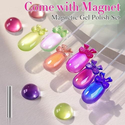 Double Rhythm Fruit Cat Eye Gel Nail Polish Set of 6 Same Color Same Bottle 0.5 Oz Shimmer Glitter with Magnet Holographic Reflective Magnetic UV Polish Kit at Home (Glass Rose Pink Green-T6-48) thumbnail 8