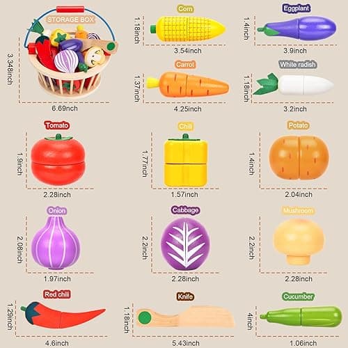 Victostar Magnetic Wooden Cutting Fruits Vegetables Food Play Toy Set with Basket for Kids thumbnail 3
