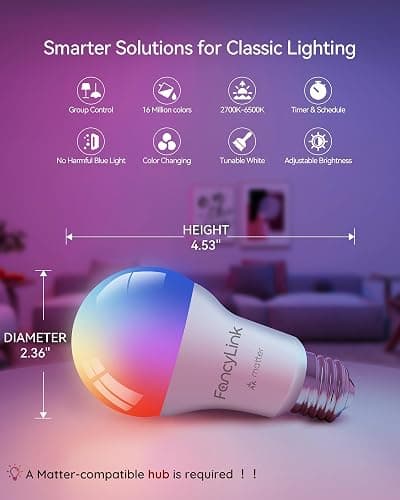 Fancylink Matter Smart Light Bulbs, Color Changing Light Bulb,hub Required, A19 60W,2.4Ghz WiFi only,Compatible with Alexa Google Assistant, Apple Home,16 Million Colors for Christmas, New Year,2 Pack thumbnail 3