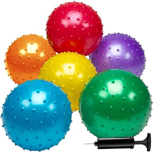 Bedwina Knobby Balls - (Pack of 6) Bulk 7 Inch Sensory and Spiky Massage Stress Balls for Toddlers, with Pump, Fun & Bouncy for Toddler, Kids Party Favors, Stocking Stuffers - Image 1
