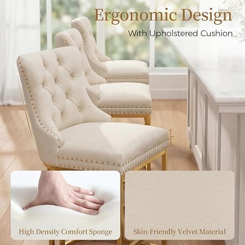 AQO Counter Height Bar Stools Set of 3 for Kitchen Island, Modern Bar Stools with Backs, 26 Inch Barstools with Upholstered Velvet Seat and Gold Legs, Beige thumbnail 4