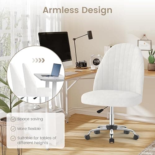 naspaluro Small Swivel Makeup Vanity Chair, Velvet Dressing Table Chairs, White Comfy Desk Chairs for Bedroom/Home Office, Armless Cross Legged Office Chairs with Wheels, Spinning Salon Study Stool thumbnail 3