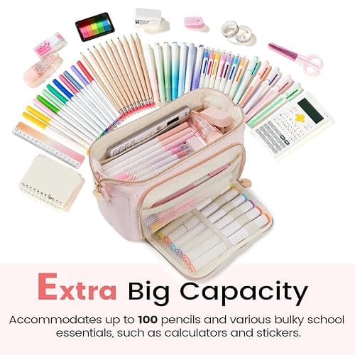 Sooez Large Pencil Case Pouch, Soft Pencil Bag with Zipper, Pen Bag Wide Opening, School Supplies Cute Pencil Case for Girls Boy Men Women, Beige thumbnail 4