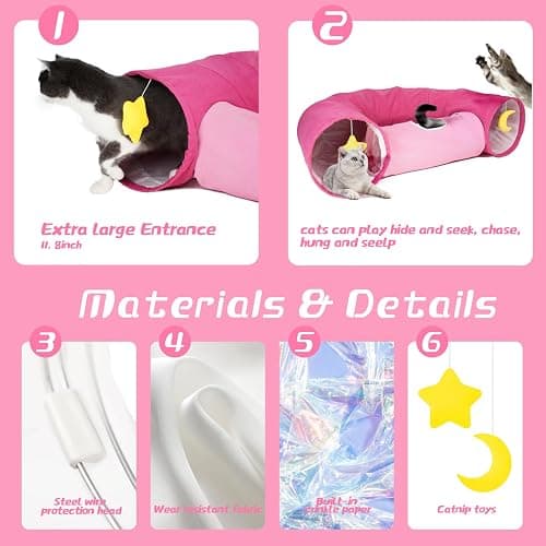 PAOPO Cat Tunnel, Large Indoor Durable Collapsible Interactive Cat Tube with Peek-A-Boo Hole, Hanging Toys, and Crinkly Paper Lining - Cute Tunnel for Cats, Kittens, Puppies & Rabbits, Pink thumbnail 3