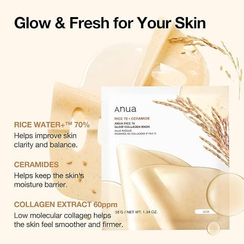 ANUA Rice 70 Glow Collagen Mask, Overnight Face Mask for Glass Skin, Ceramide, Collagen Facial Mask, Skin Moisture Barrier, Tightening Care, Natural Color, Korean Skin Care (38g, 4ea) thumbnail 3