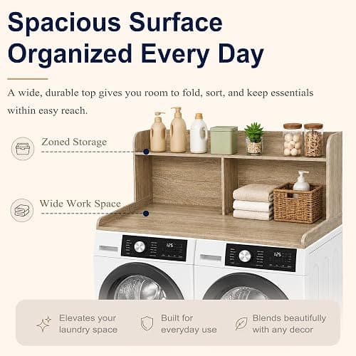 Royxen Washer Dryer Countertop with Extra Tall Shelf, 19" Height Washer and Dryer Topper, Laundry Countertop with Non-Slip Pads, Universal Fit for Laundry Room Organization, White Oak thumbnail 5