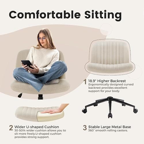 IWMH Armless Office Chair, Desk Chairs with Wheels,Ergonomic Criss Cross Legged Chair with Fabric Padded,Height Adjustable Wide Seat Computer Chairs,Mid-Back Swivel Vanity chair for Home Office(Beige) - Beige With Wheels thumbnail 5