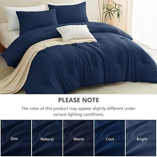CozyLux Queen Comforter Set Navy Blue, 3 Pieces Lightweight Comforters Queen Size Quilted Bedding Sets, All Season Breathable Solid Down Alternative Comforter with 2 Pillowcases, Soft Bed Set for Home thumbnail 7