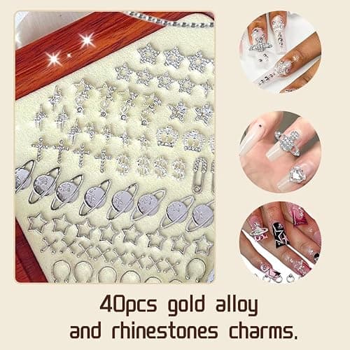JYNXOR 40 Stück Luxus Zirkon Nagel Charms 3D Legierung Nailart Anhänger Silber Nail Art Metall Schmuck Strasssteine für Schmetterling Herz Schlange Blume Glitzersteine Zubehör thumbnail 3