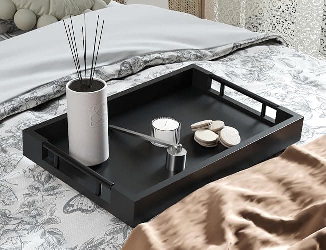 Fibogollo Bamboo Serving Tray with Metal Handles,15x10in Ottoman Decorative Trays Platter for Coffee Table,Living Room,Bar,Party,Medium(Black) thumbnail 2