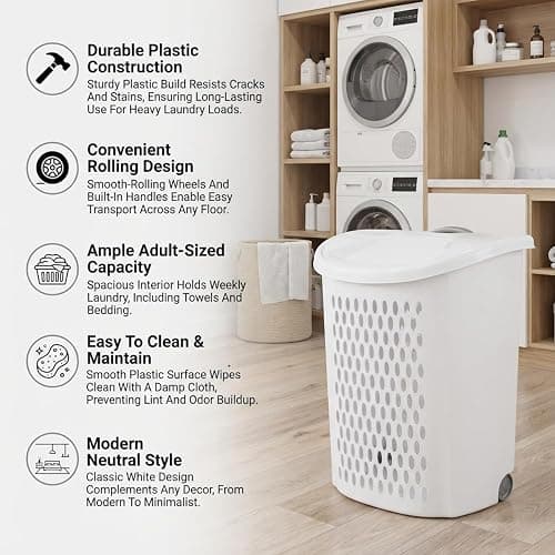 White Wheeled Plastic Laundry Hamper – Adult-Sized Rolling Basket With Handles For Home & Dorms thumbnail 4
