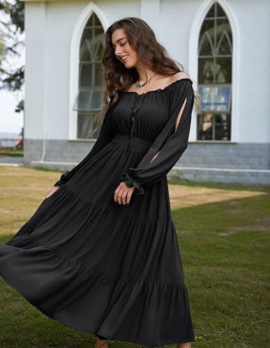 Scarlet Darkness Women Renaissance Off Shoulder Long Sleeve Smocked Waist Tiered Long Maxi Dress thumbnail 7