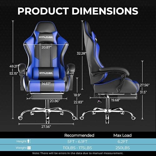 GTPLAYER Gaming Chair, Computer Chair with Footrest and Lumbar Support, Height Adjustable Game Chair with 360°-Swivel Seat and Headrest and for Office or Gaming (Faux Leather, Blue) thumbnail 3