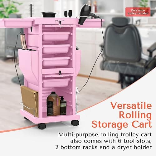 TASALON Professional Salon Trolley Cart, Lockable 6 Trays & 2 Holders, Space Saving Mobile Storage for Hair Salon and Beauty Station​ - Pink thumbnail 3