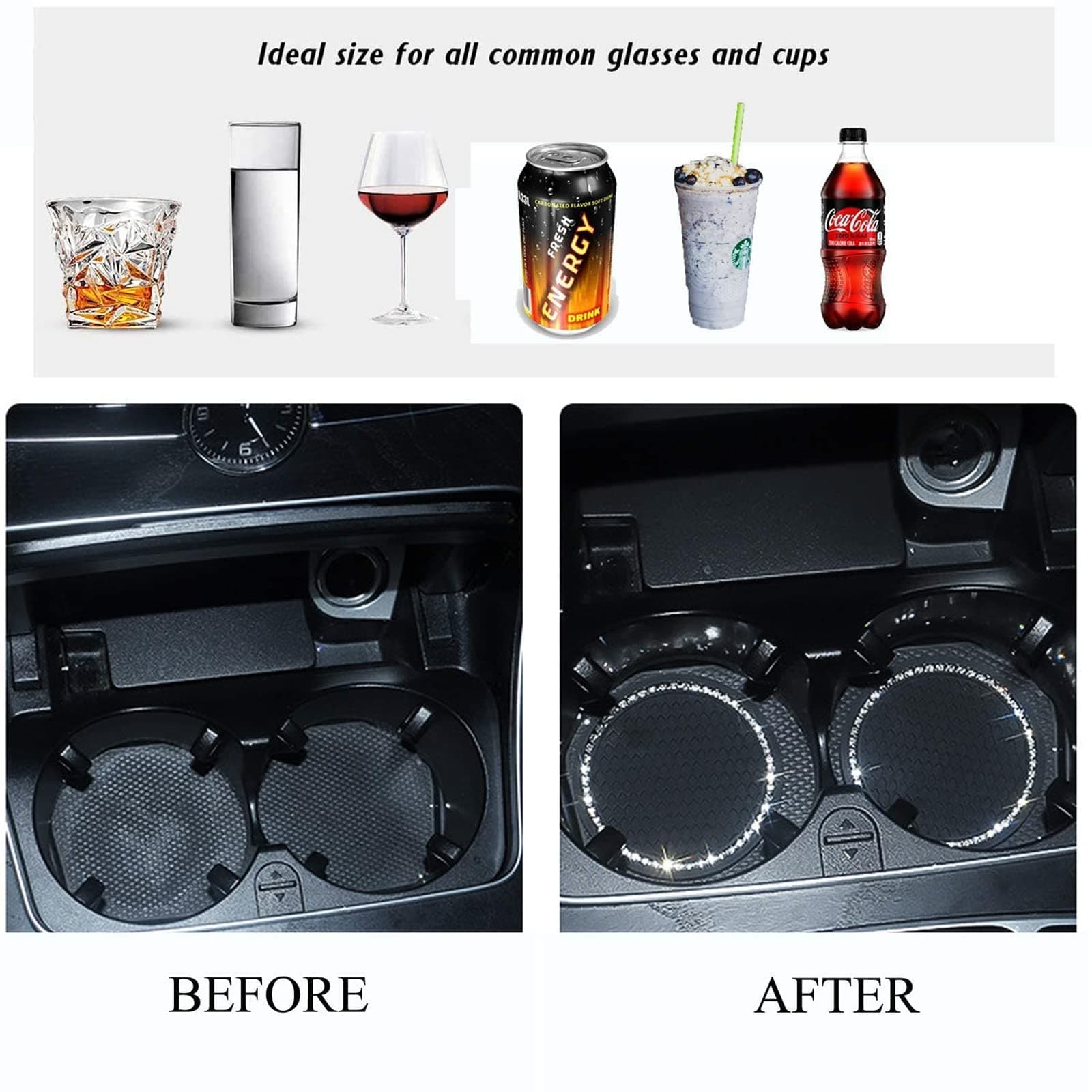 2 Pieces Bling Silicone Anti-Slip Cup Holder Insert Coaster and Engine Ignition Button Ring - Car Interior Accessories With Crystal Rhinestone (Black) thumbnail 4
