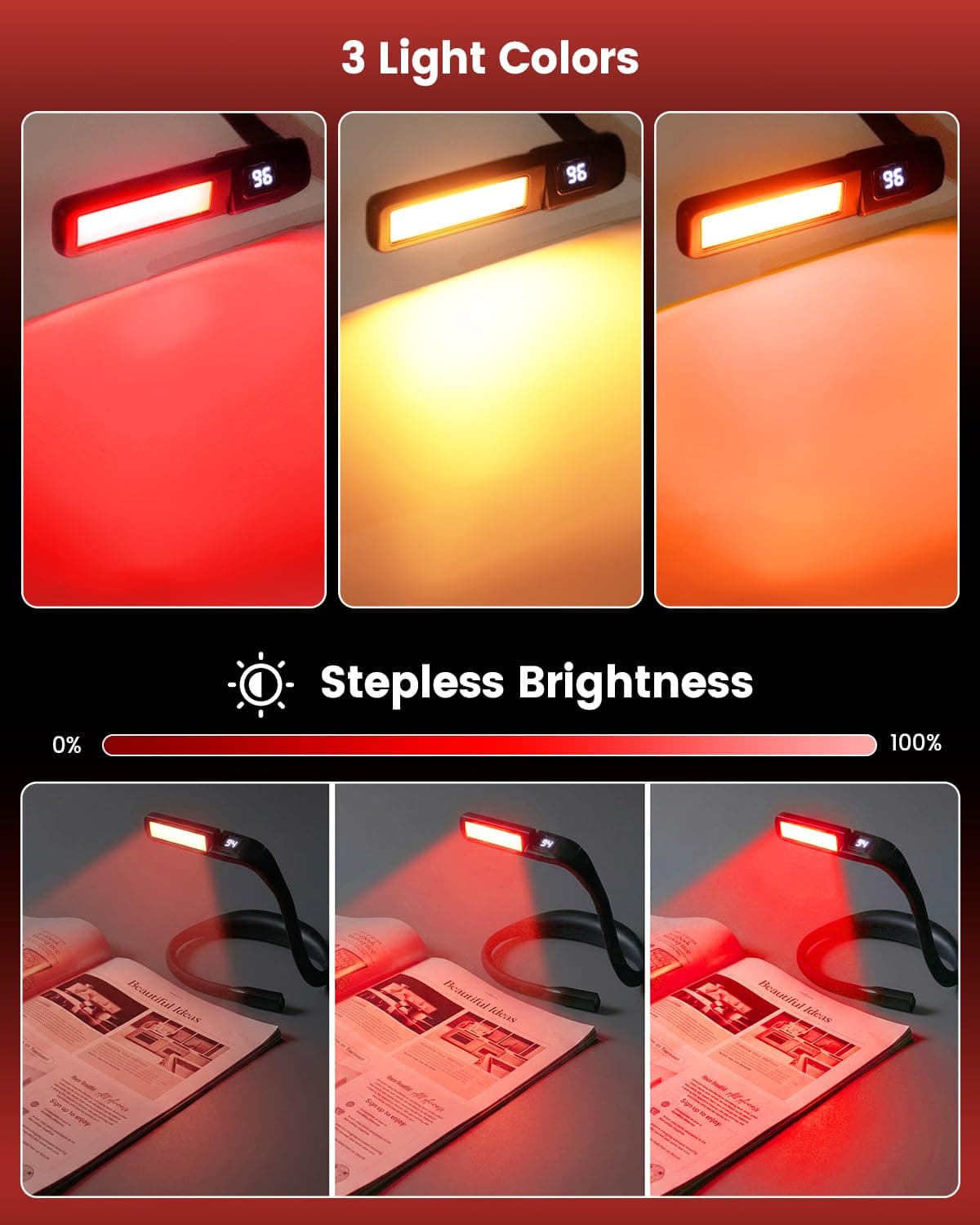 630nm Red Neck Reading Light - Zero Blue Light, Rechargeable Dimmable Portable LED Red Neck Book Lamp for Reading, Crafts, Knitting, Crochet at Night, Ideal Gift for Readers and Craft Lovers thumbnail 4