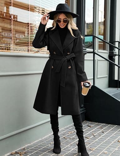 AFFA Women's Double Breasted Trench Coat Elegant Lapel Collar Jacket Winter Fall Slim Long Outerwear with Belt Pockets thumbnail 9