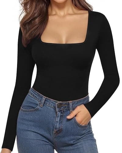 MANGOPOP Women's Square Neck Short Sleeve Long Sleeve Bodysuit Sexy Body Suits Shirt Slim Fitted Tops thumbnail 2