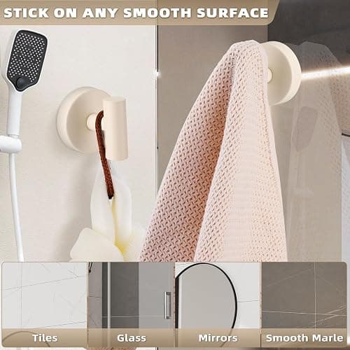 Fenas Suction Cup Hooks for Shower - Bathroom Reusable Hooks for Towels, Robes & Loofah - No-Drill Mounting on Kitchen,Walls,Metal,Glass,Mirrors,Tile & Smooth Non-Porous Surfaces (4, Milk White) thumbnail 4