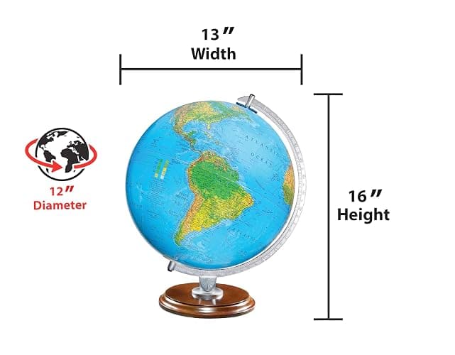 Standard Illuminated 12" Diameter Globe, USA Cartography with Walnut Finished Hardwood Base and Blue Ocean Globe Ball. A sleek walnut finished hardwood base and silver riser offer a perfect contrast to this beautiful geographic piece. When illuminated, this globe contains a vegetational map on the outside and political map on the inside that matches and shows through beautifully. thumbnail 3