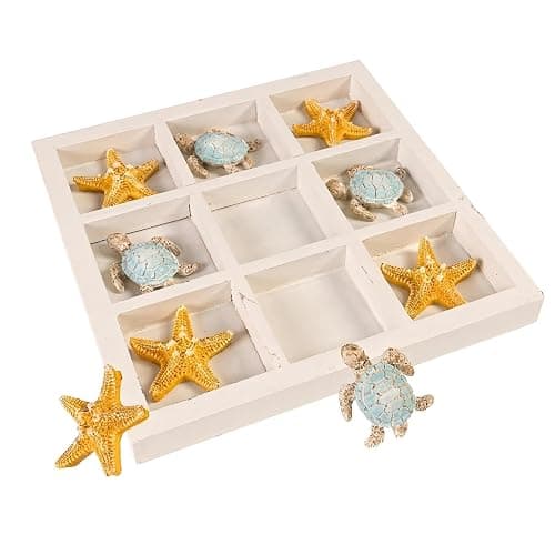 pechpell Wooden Tic Tac Toe Game Board with Resin Sea Turtle Starfish, Beach House Coastal Theme Room Coffee Table Decor, Beachy Living Room Tabletop Decorations for Home, Ocean Gifts - Image 1